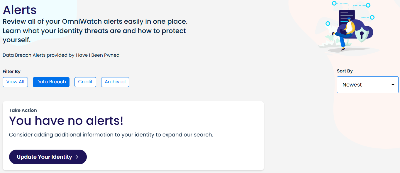 OmniWatch Alerts tab filtered by data breach alerts