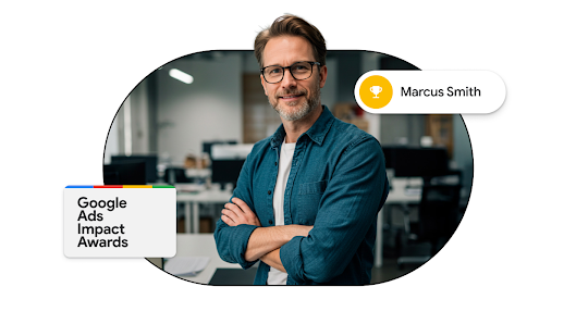 A practitioner standing in a open office setting, who is a participant in the Google Ads Impact Awards.
